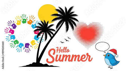 A vibrant summer scene with a blue bird, palm trees, and colorful fireworks exploding in a circular pattern