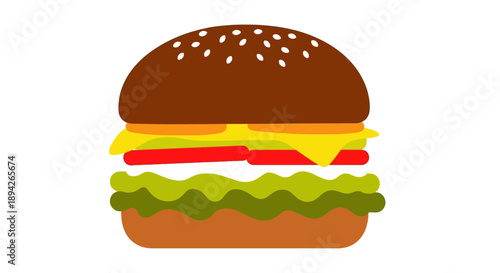 A delicious burger with cheese, lettuce, and tomato on a bun, illustrated in a simple graphic style from a front viewpoint