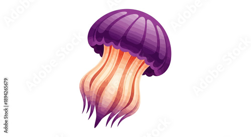 Illustration of a purple jellyfish with orange tentacles floating in the water from a side view