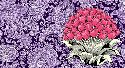 Vibrant pink tulips in full bloom displayed on intricate purple floral background