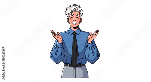 An older man in a blue shirt and black tie gesturing with both hands, standing against a plain background, viewed from the front.