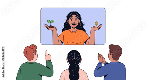 Group of people watching a woman on a screen holding plants in an office setting from behind