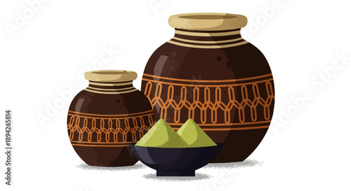 Traditional clay pots and fresh green tea leaves in a serene setting, viewed from the front.