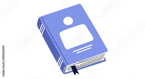 A periwinkle-blue book with white pages and a dark blue bookmark lies open on a plain white surface from a slightly elevated viewpoint