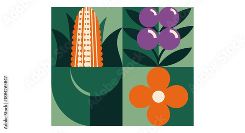 A stylized illustration of flowers and corn in a square composition, showcasing vibrant colors and natural elements from a direct viewpoint.