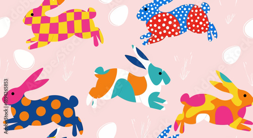 Vibrant rabbits in various patterns and colors jumping amidst white spots on a soft pink background viewed from directly above