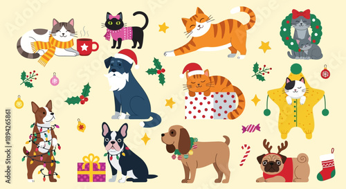 A festive holiday scene featuring cats and dogs in Christmas attire and decorations