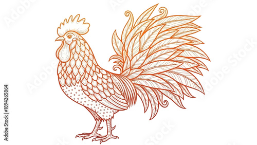 An illustration of a proud rooster standing with majestic feathers on a farmyard, viewed from the side.