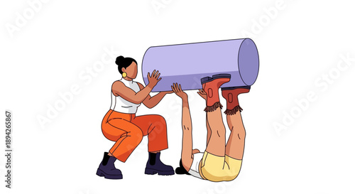 Two men struggling to hold a large cylindrical object together in a cooperative effort