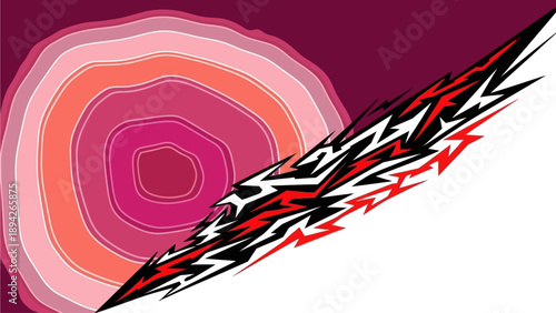 Abstract geometric shapes intersecting with layered circles and jagged lines in a modern illustration