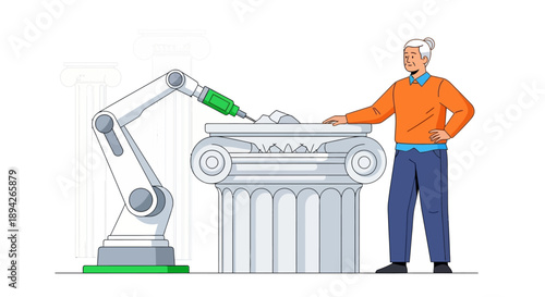 An older man standing beside a robotic arm constructing a classical Greek temple column model
