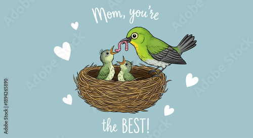 A mother bird feeding her chicks in a nest with love and care from above