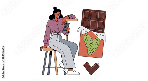 A woman sits on a stool with a chocolate bar and packaging nearby, enjoying a sweet treat in a relaxed setting.