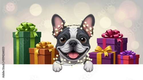 A festive cartoon dog surrounded by colorful gifts and sparkling lights in a celebratory scene from a front view.