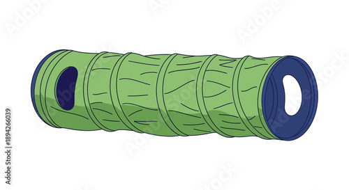 A 3D illustration of a green cylindrical object with blue ends and geometric patterns viewed from the side