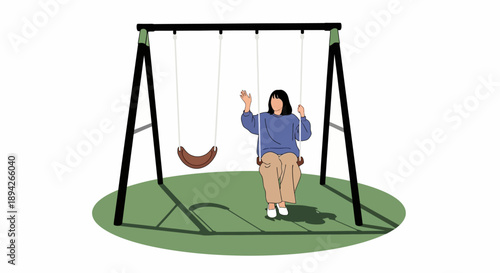 Young girl sitting on a swing in a serene playground surrounded by greenery viewed from a slight distance