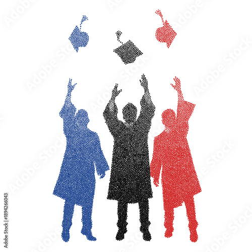 graduates tossing caps in the air, students celebration silhouette in retro stipple halftone style