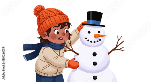A young girl builds a snowman in a winter landscape with snowy surroundings from a front viewpoint