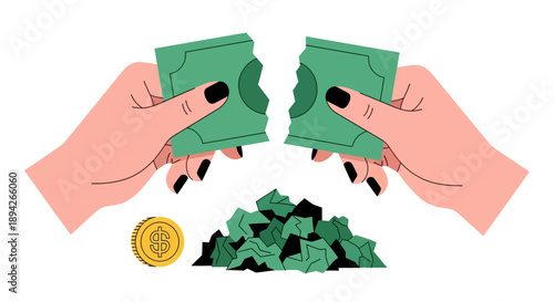 Hands tearing apart a pile of money with a coin beside it, illustrating financial dilemma or conflict
