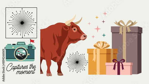 A majestic red cow stands beside elegantly wrapped gifts in a vibrant celebratory scene.