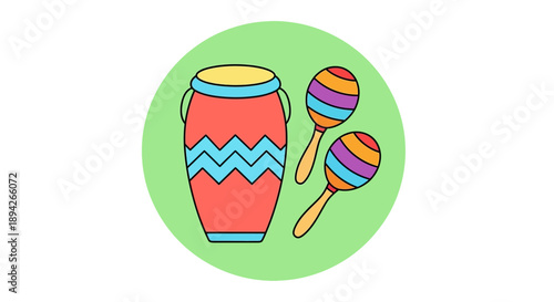 Vibrant illustration of maracas and djembe drum on green circle background viewed from above