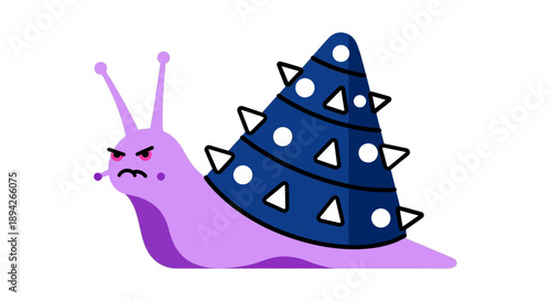 A cartoon snail wearing a Christmas tree hat is moving slowly forward with an angry expression on its face from a side viewpoint