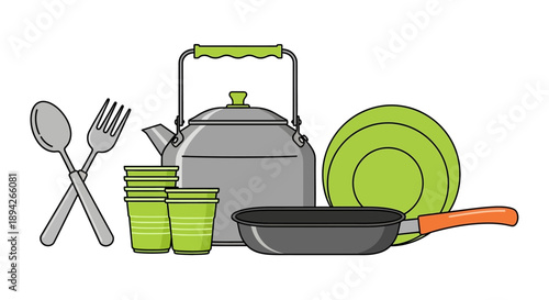 Assorted kitchen utensils and cookware arranged neatly on a clean surface, viewed from directly above