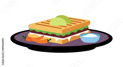 A vibrant illustration of a panini sandwich on a purple plate with a side of dipping sauce