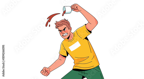Man spilling red liquid from a cup with an angry expression, wearing a yellow shirt and green pants, in a dynamic pose