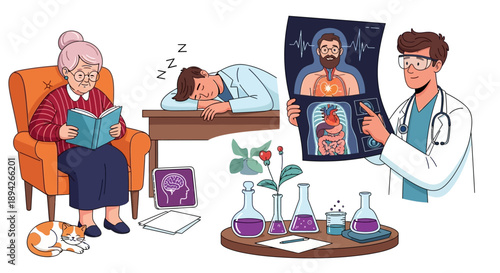 Doctor explaining human anatomy to elderly woman sitting in armchair with cat, while young woman lies on adjacent bed