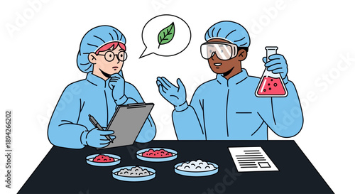 Two scientists in lab coats examining various petri dishes and beakers containing substances on a laboratory table