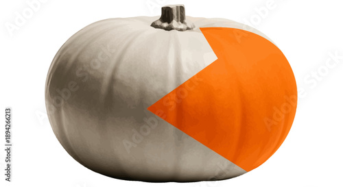A silver pumpkin with an orange pie chart section on a white background, viewed from the front