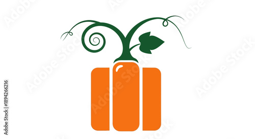 An artistic representation of a pumpkin with a leafy stem and swirling tendrils viewed from the front
