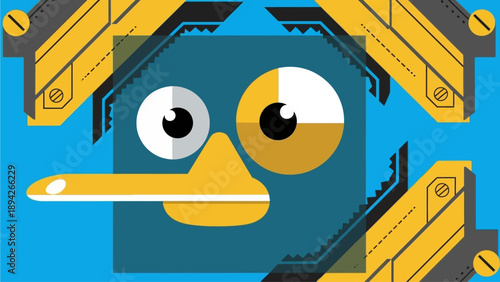 A cartoon duck's face with a robotic twist, showcasing technology and innovation, viewed from the front with a mix of digital and mechanical elements