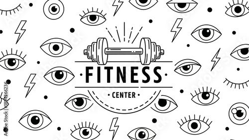 Diverse Eyes Surround Fitness Center Logo with Dumbbells and Lightning Bolts in Monochrome Illustration