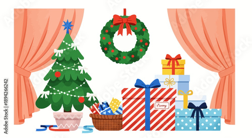 A festive Christmas scene with tree, gifts, and wreath in a cozy room with curtains, viewed from the front.