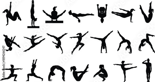 Yoga and gymnastics silhouette pose collection showing female flexibility, balance and strength exercises, dynamic fitness movement set for sport training, wellness, stretching 
