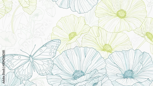 Delicate butterfly surrounded by flowers in a serene floral illustration from a close-up perspective