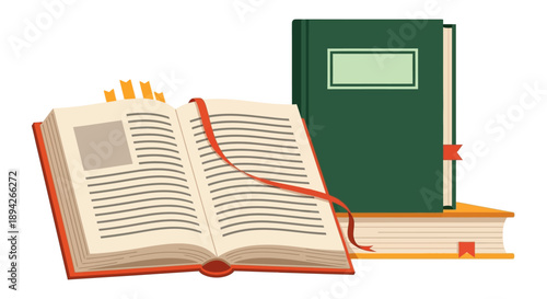 Open book and closed books stacked on a surface viewed from a slight angle