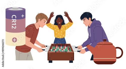 Three friends enthusiastically playing a game of table football together indoors with a giant battery nearby