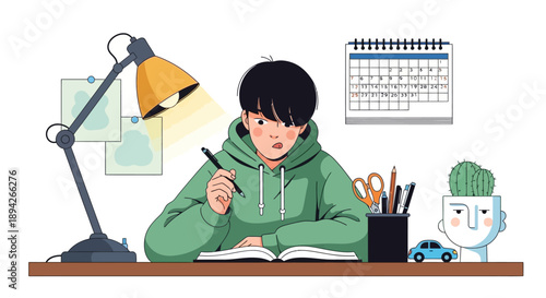 A student sits at a desk, writing in a notebook under a desk lamp, surrounded by stationery and a calendar in a quiet study environment.