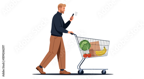 Man walking with shopping cart full of groceries, looking at phone in hand, illustration of daily routine