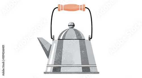 A metallic kettle with an orange handle is viewed from the front on a plain background