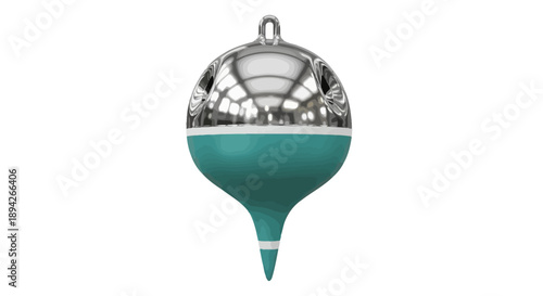 A teal and silver christmas ornament hangs from a hook against a clean white background