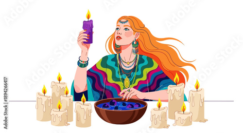 Woman holding purple candle surrounded by lit candles and a bowl of flowers in a spiritual setting.