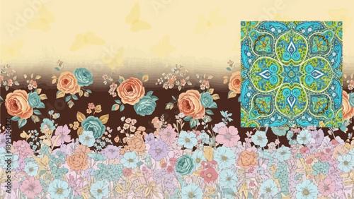 A vibrant floral arrangement with a decorative panel amidst pastel flowers in a garden landscape from a frontal viewpoint.