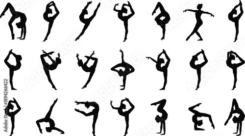 Abstract hand drawn human figure silhouettes in expressive dance and yoga poses, minimal black line art illustration set on white background