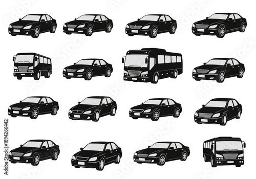 Collection of black and white silhouette icons of various cars and buses for transportation and automotive design.