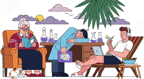 Three people relaxing in a serene outdoor setting with technology and leisure activities