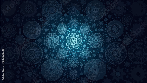 Intricate blue mandala design with concentric circles and ornaments in a dark background from a frontal viewpoint